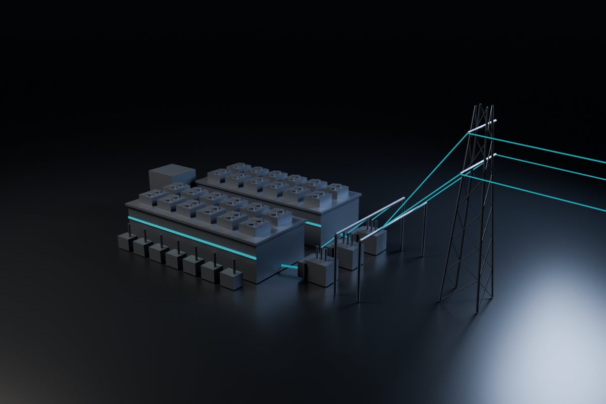 Rendered data center campus with rooftop cooling, substation and transmission tower