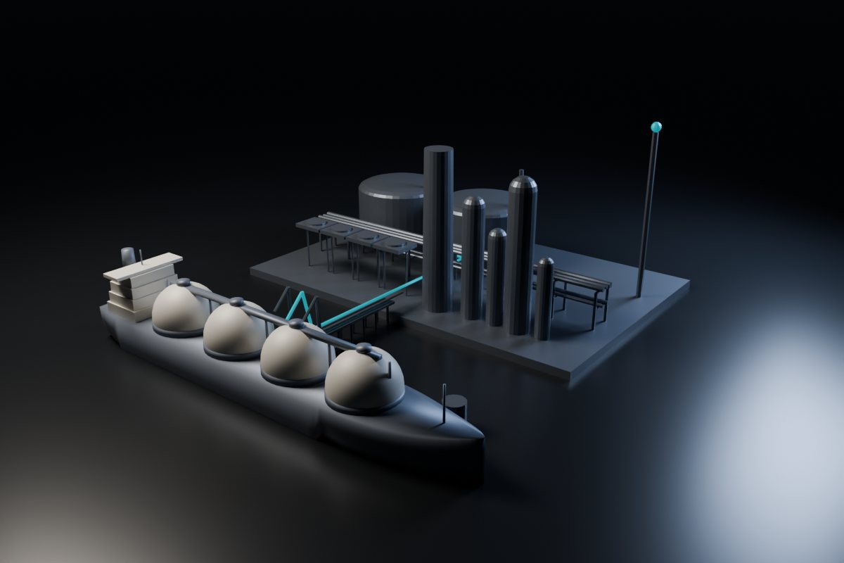 Rendered LNG plant with storage tanks and liquefaction train, and an LNG carrier loading at the jetty