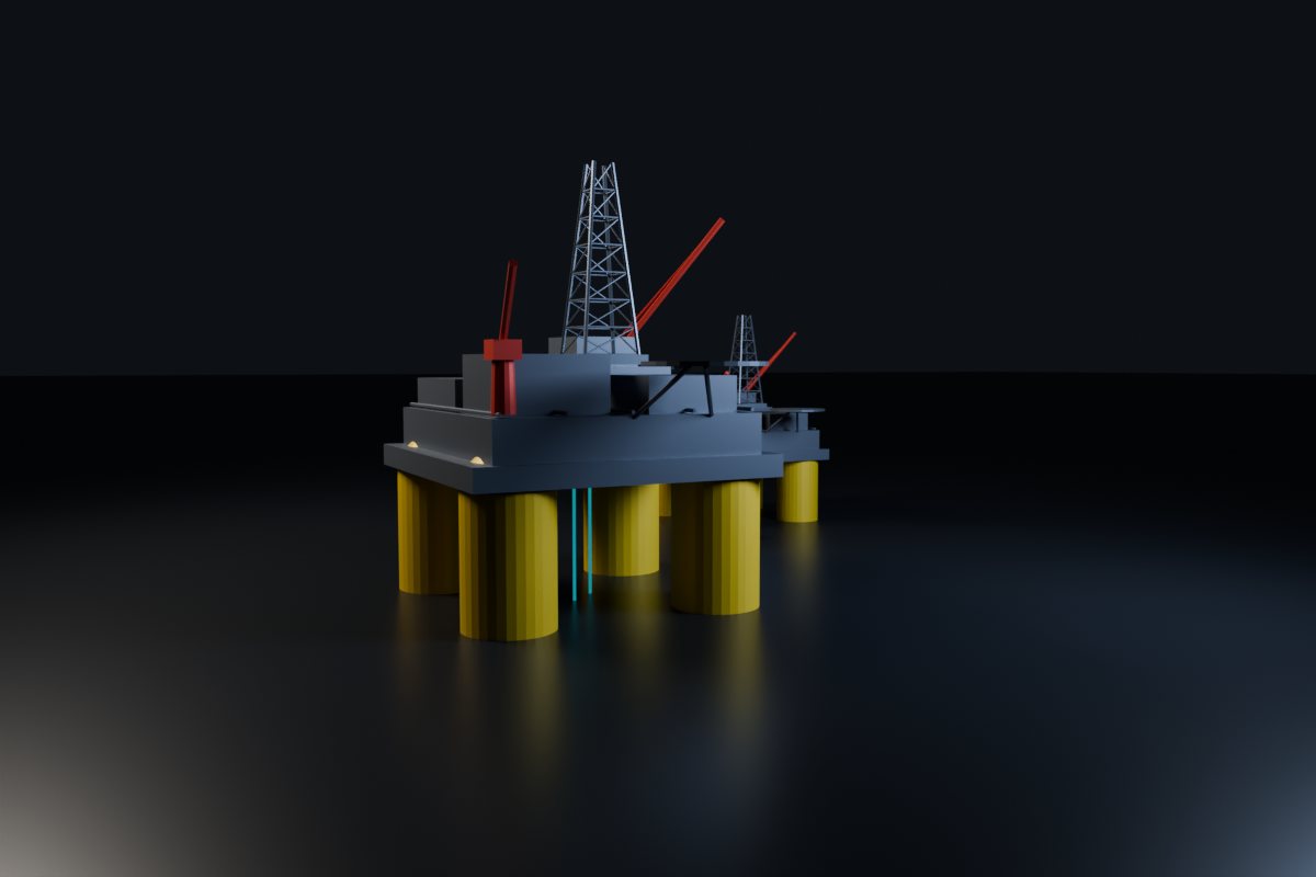 Rendered Olympus tension-leg platform with yellow columns and red cranes, with the Mars platform behind it