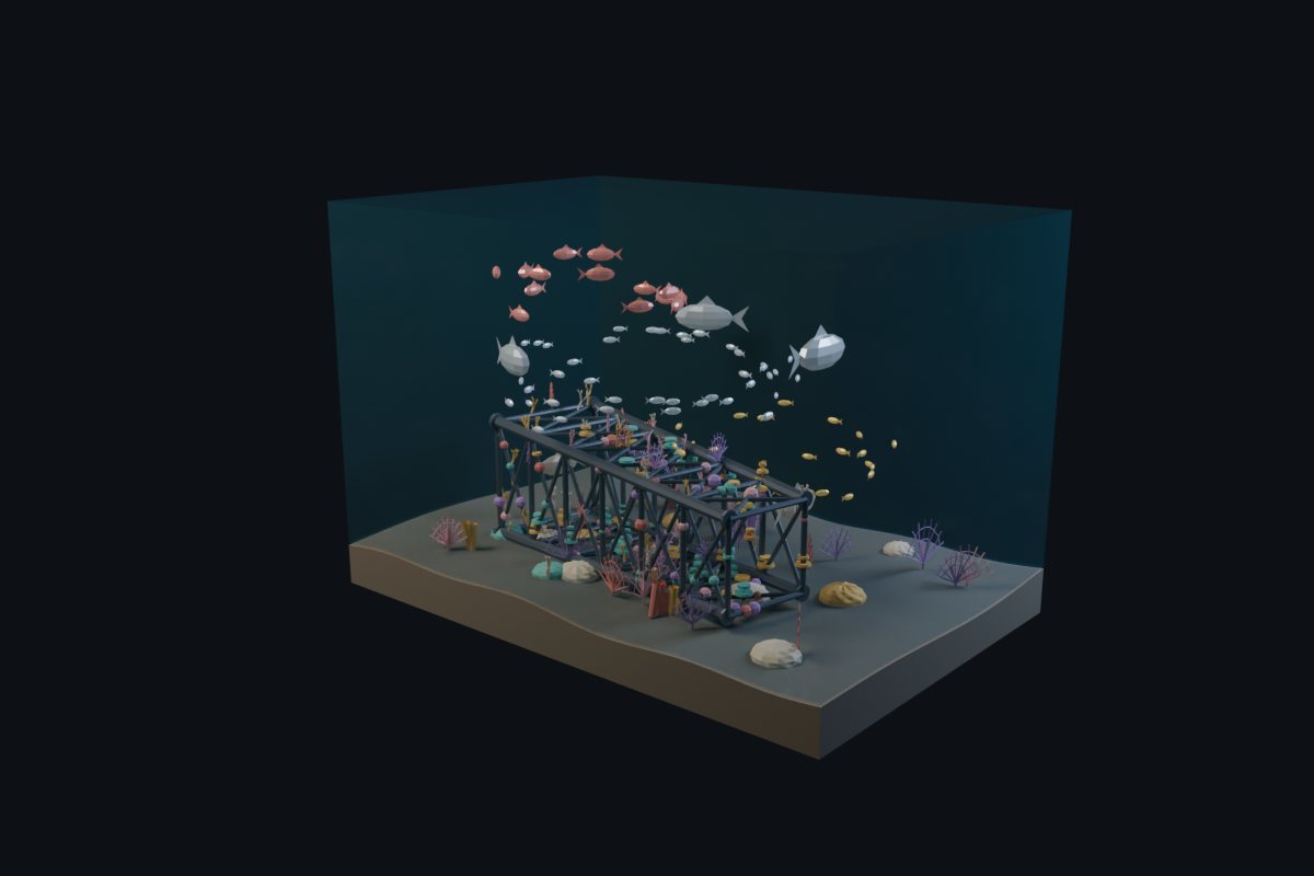 Rendered Rigs-to-Reefs site: the toppled base of a platform jacket on the sea floor, covered in coral, with fish swimming around it